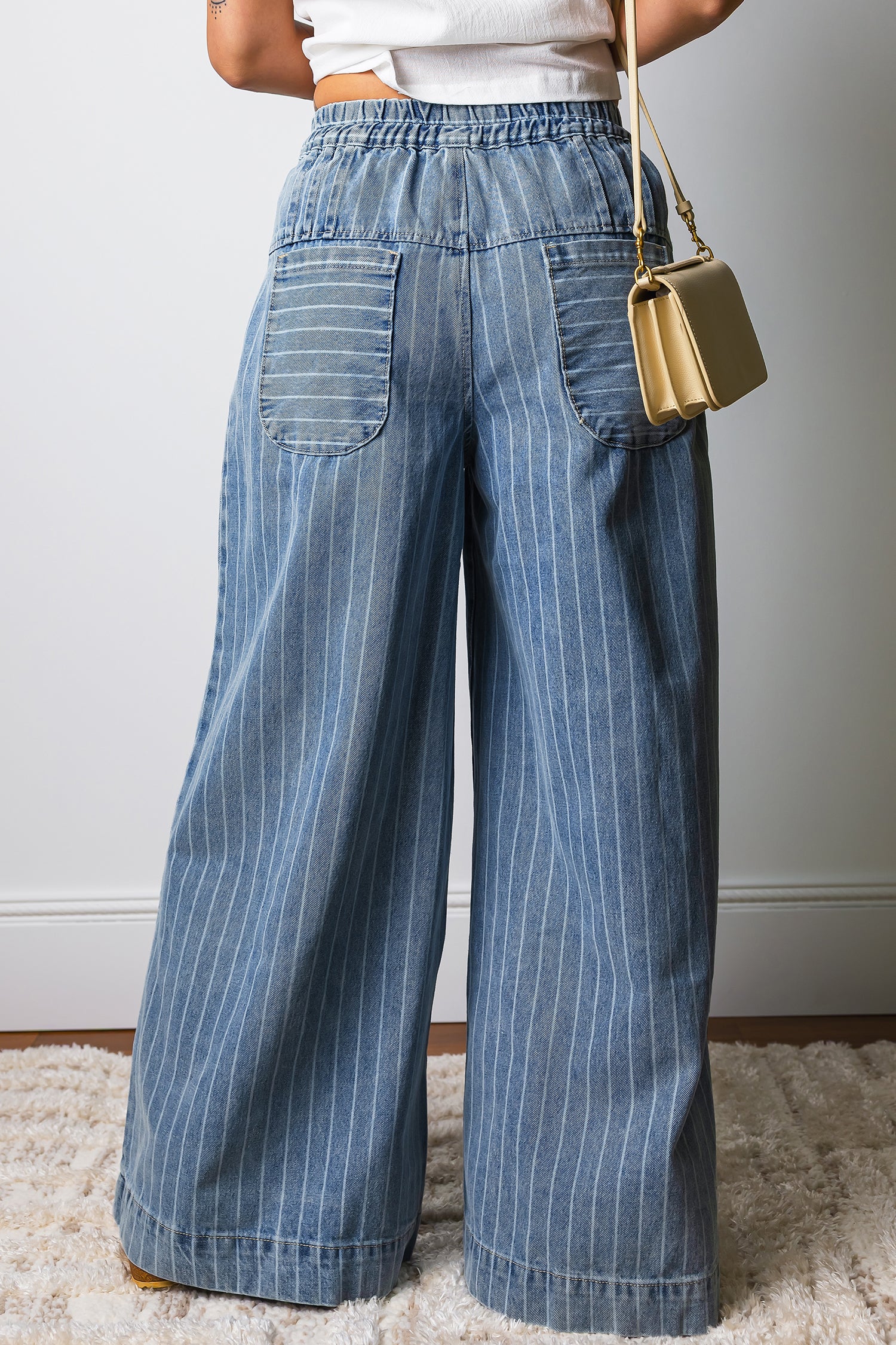 Sky Blue Stripe Button Pleated Drawstring Waist Casual Wide Leg Jeans Dear-Lover Dropshipping Bottoms/Jeans