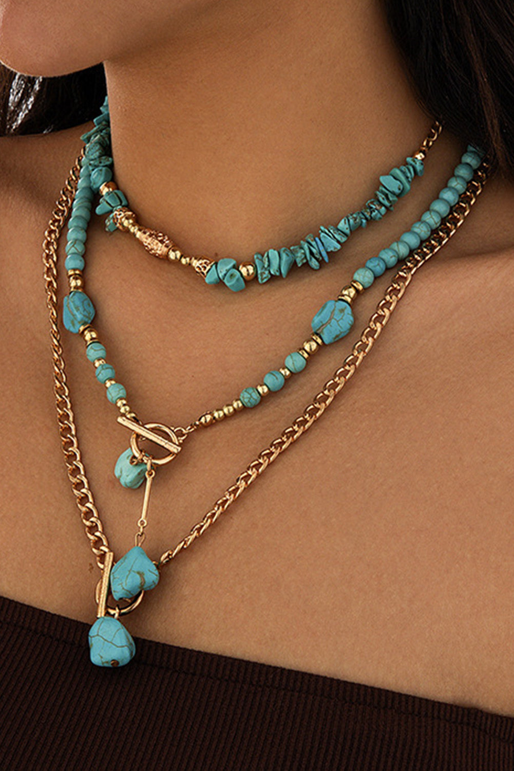Gold Irregular Turquoise Multi Layer Chain Necklace