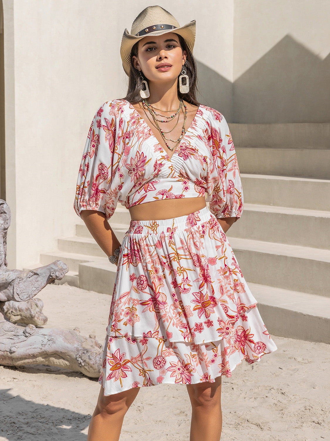 White & Red Floral Layered Skirt Set