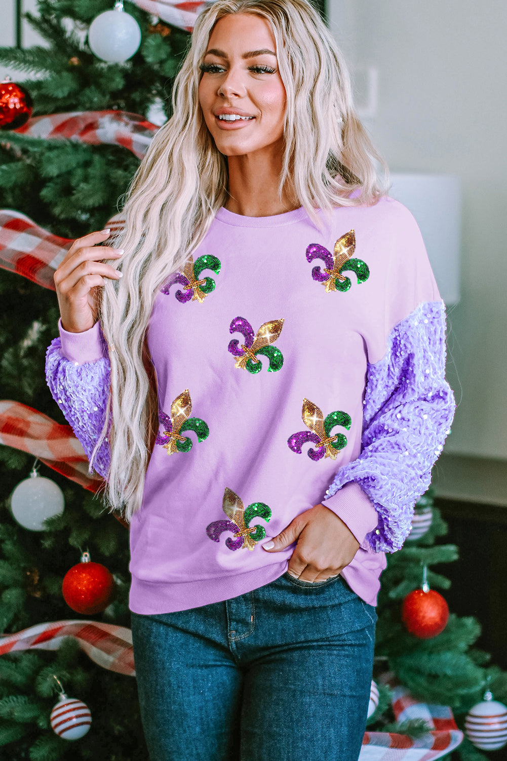 Orchid Sequin Patchwork Long Sleeve Fleur de Lis Patched Pattern Top