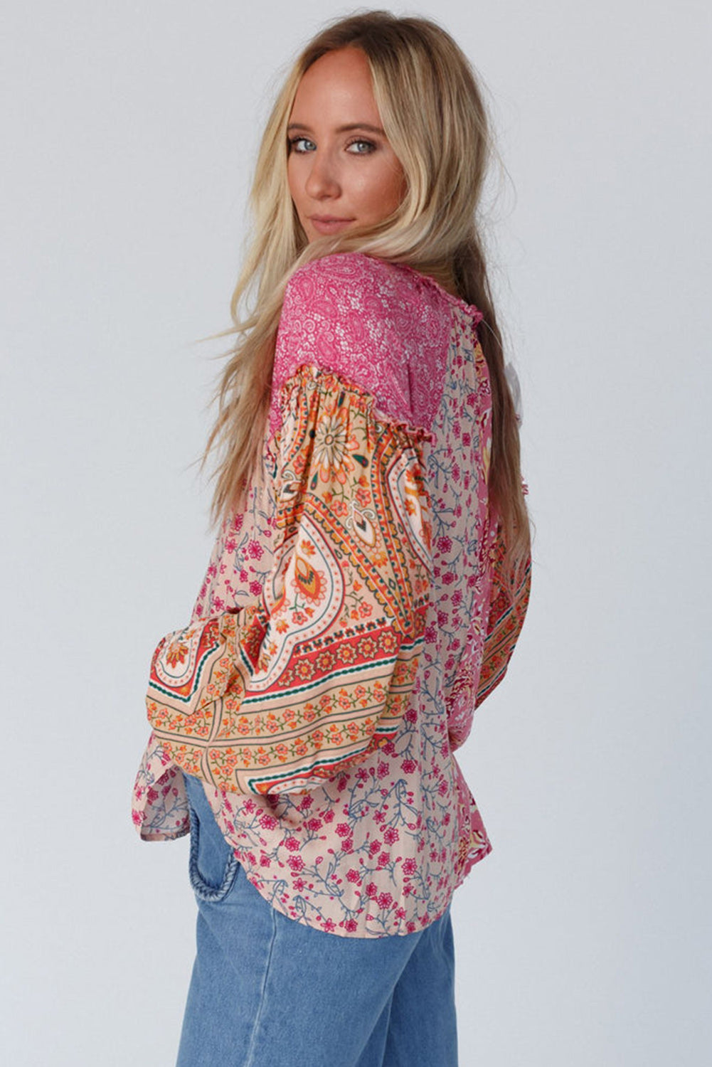Pink Mixed Floral Patchwork Long Lantern Sleeve V-Neck Blouse Shewin Blouses