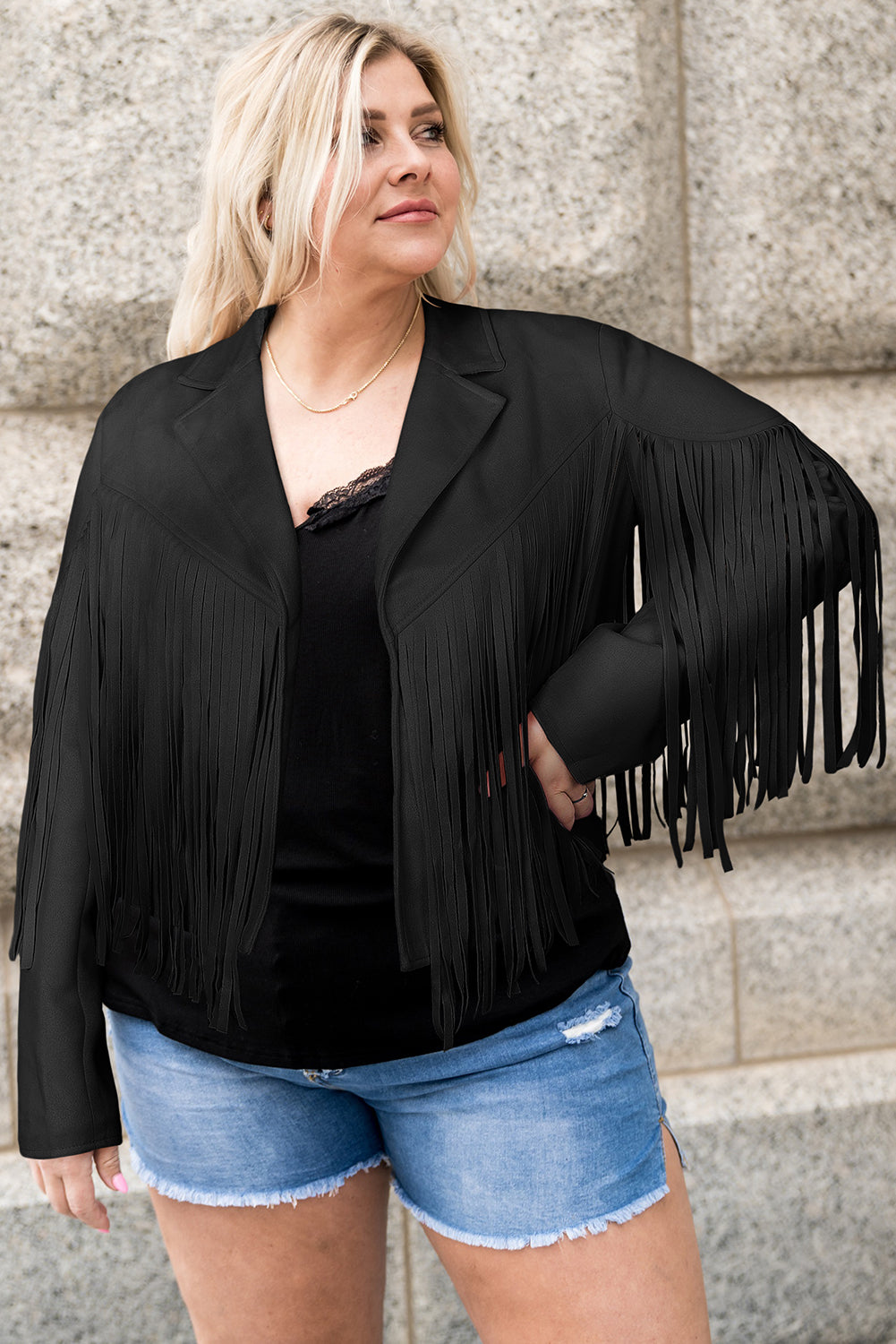Black Open Front Fringe Jacket