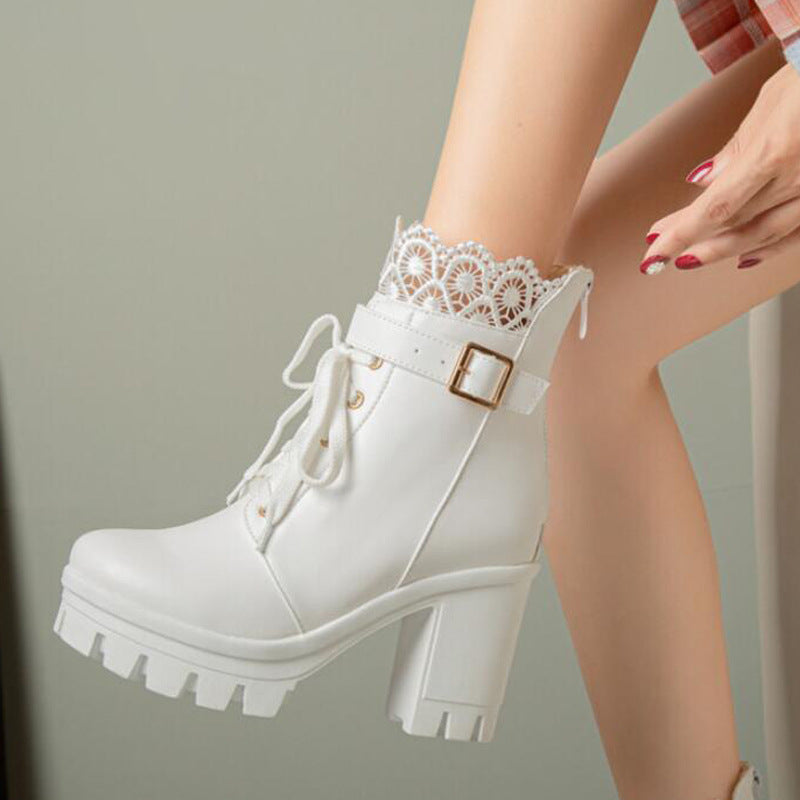 Lace High Block Heel Ankle Boots