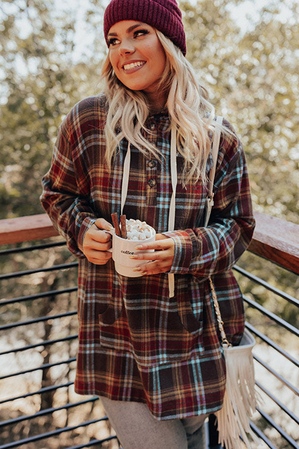 Red & Brown Plus Size Plaid Kangaroo Pocket Drawstring Hoodie