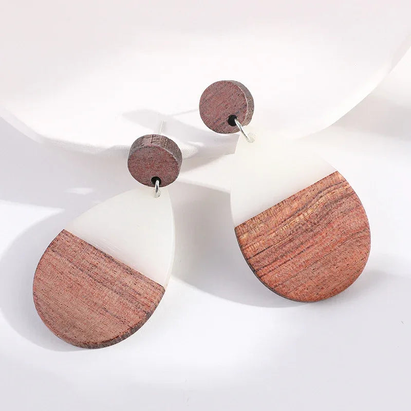White Resin Wood Geo Drop-shaped Earrings Bazaare Mart Resin Wood Earrings
