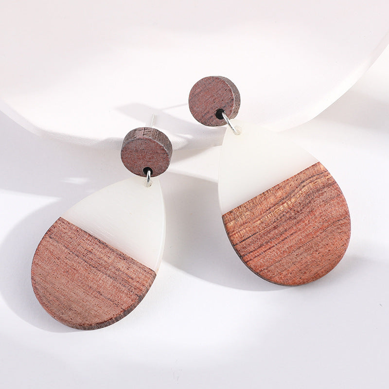 White Resin Wood Geo Drop-shaped Earrings