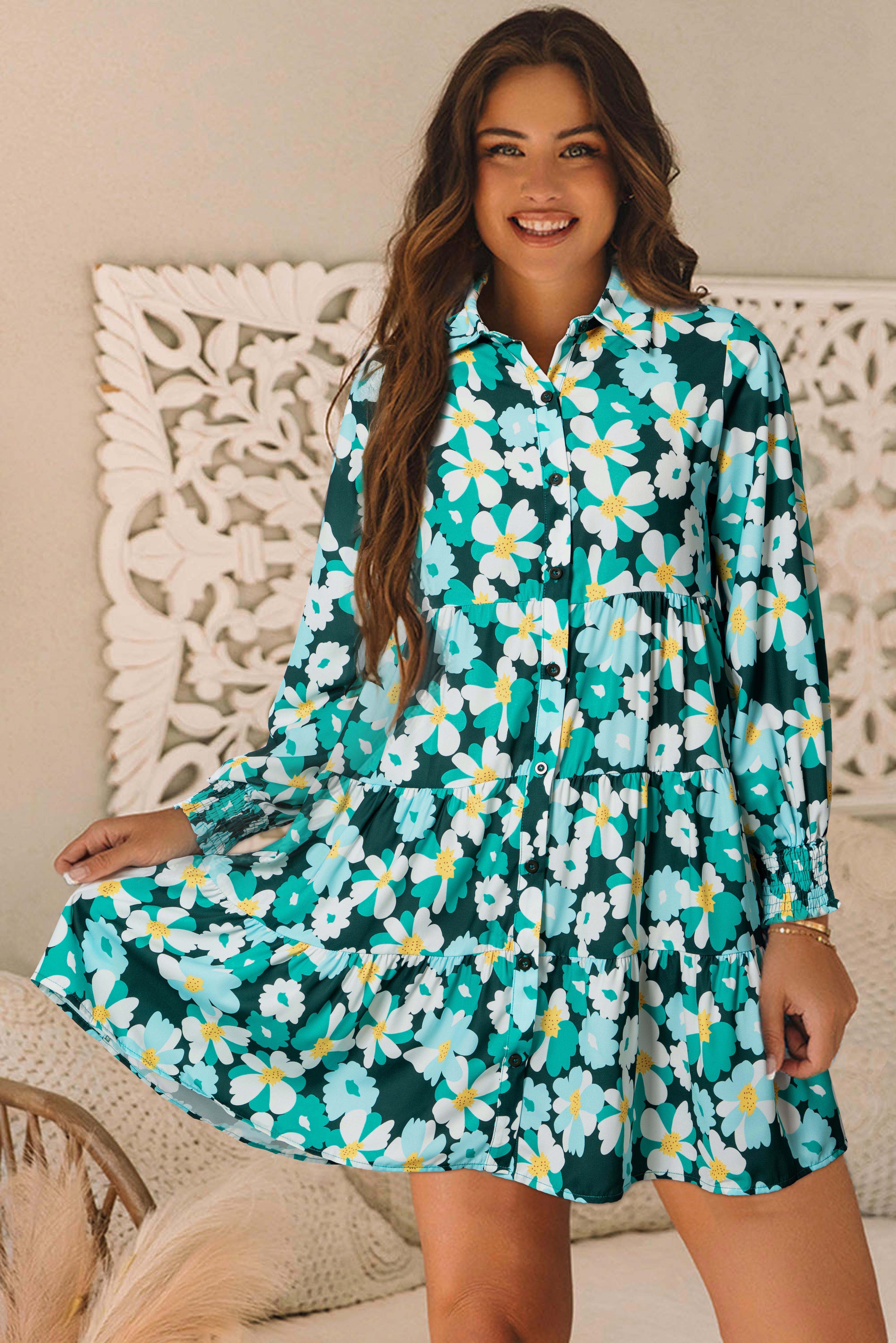 Green Floral Long Sleeve Shirt Dress