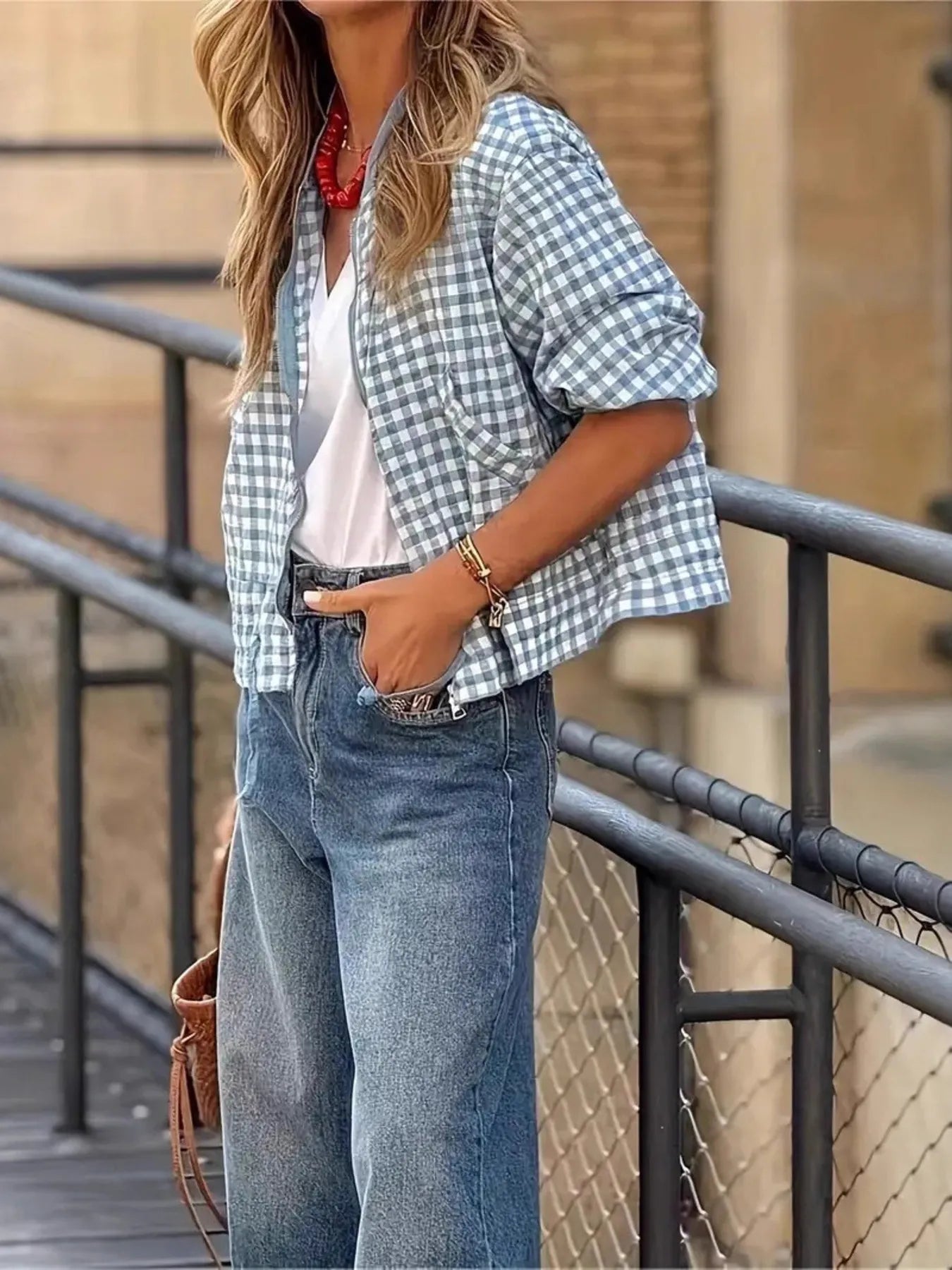 Plaid Zip Up Long Sleeve Jacket Trendsi Plaid Zip Up Long Sleeve Jacket