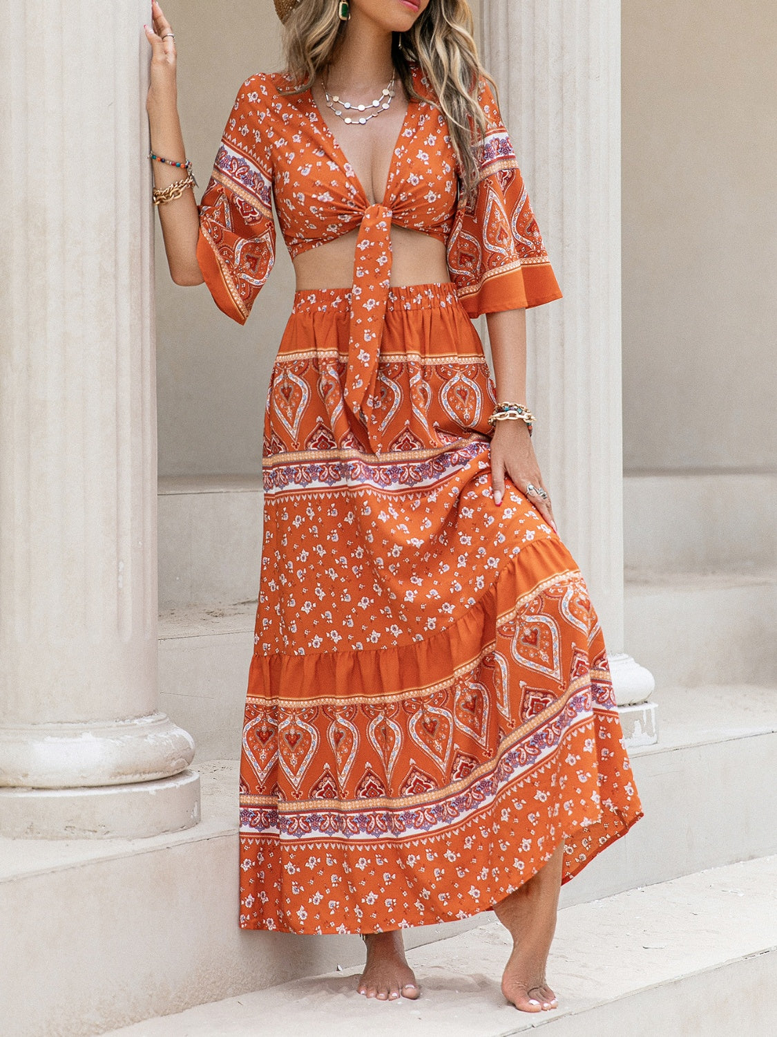 Orange Boho Maxi Skirt Set