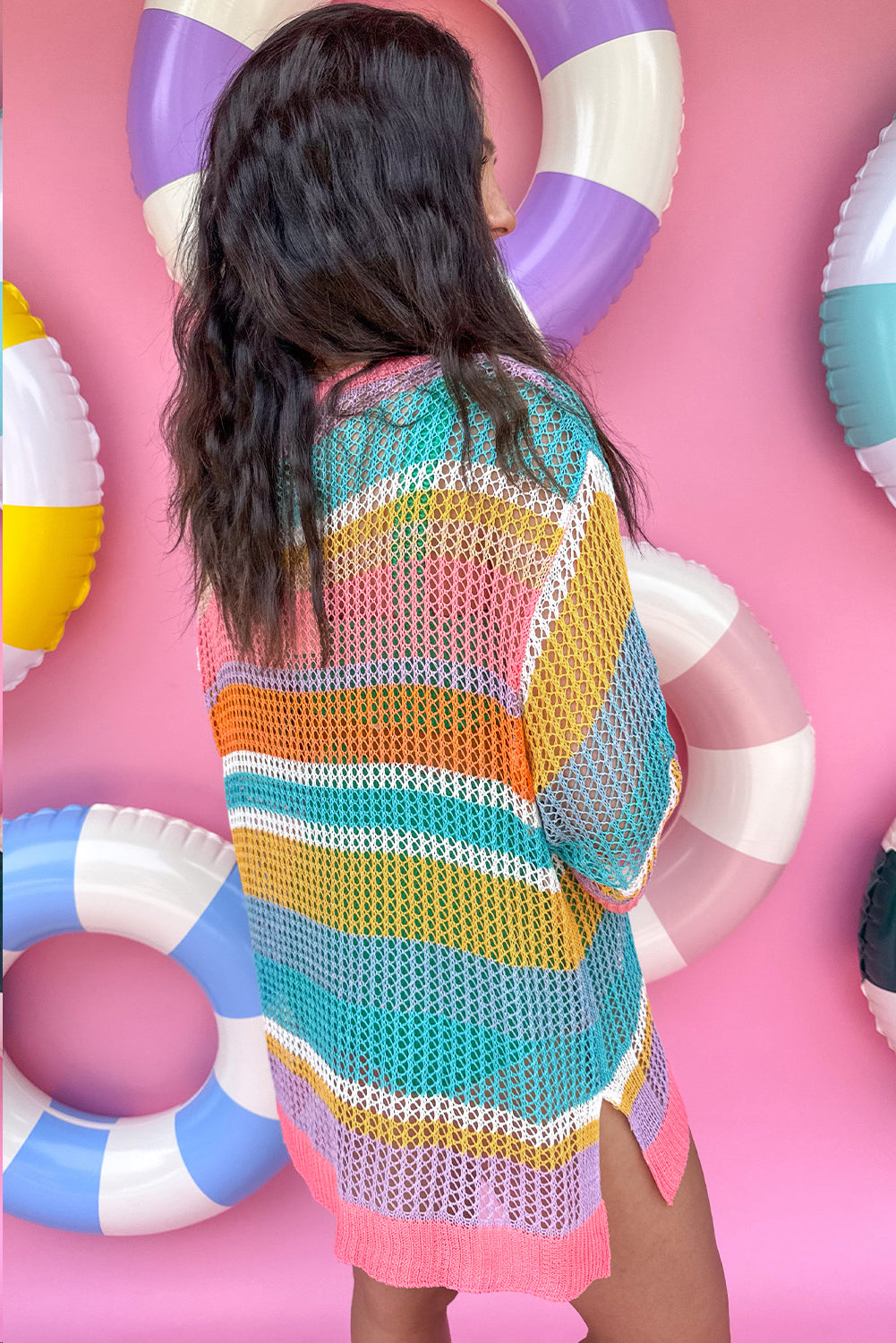 Pastel Stripe Open Knit Patch Pocket Half Sleeve Sweater