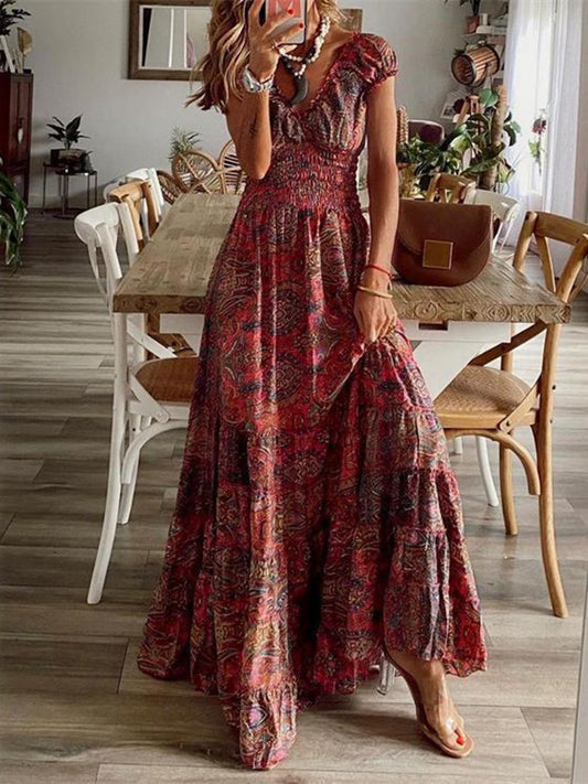 Red Floral Puff Short Sleeve Maxi