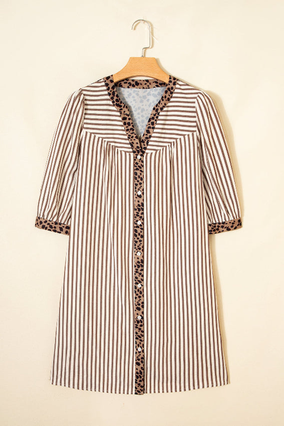 Khaki Stripe Leopard Trim Shirt Dress Bazaare Mart Dresses/Mini Dresses