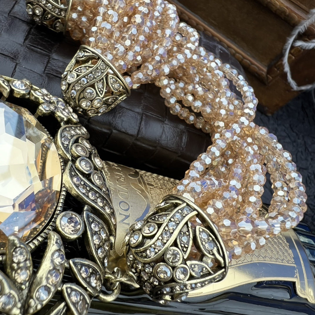 Vintage Giant Rhinestone Inlaid Multi Strand Pearl Necklace
