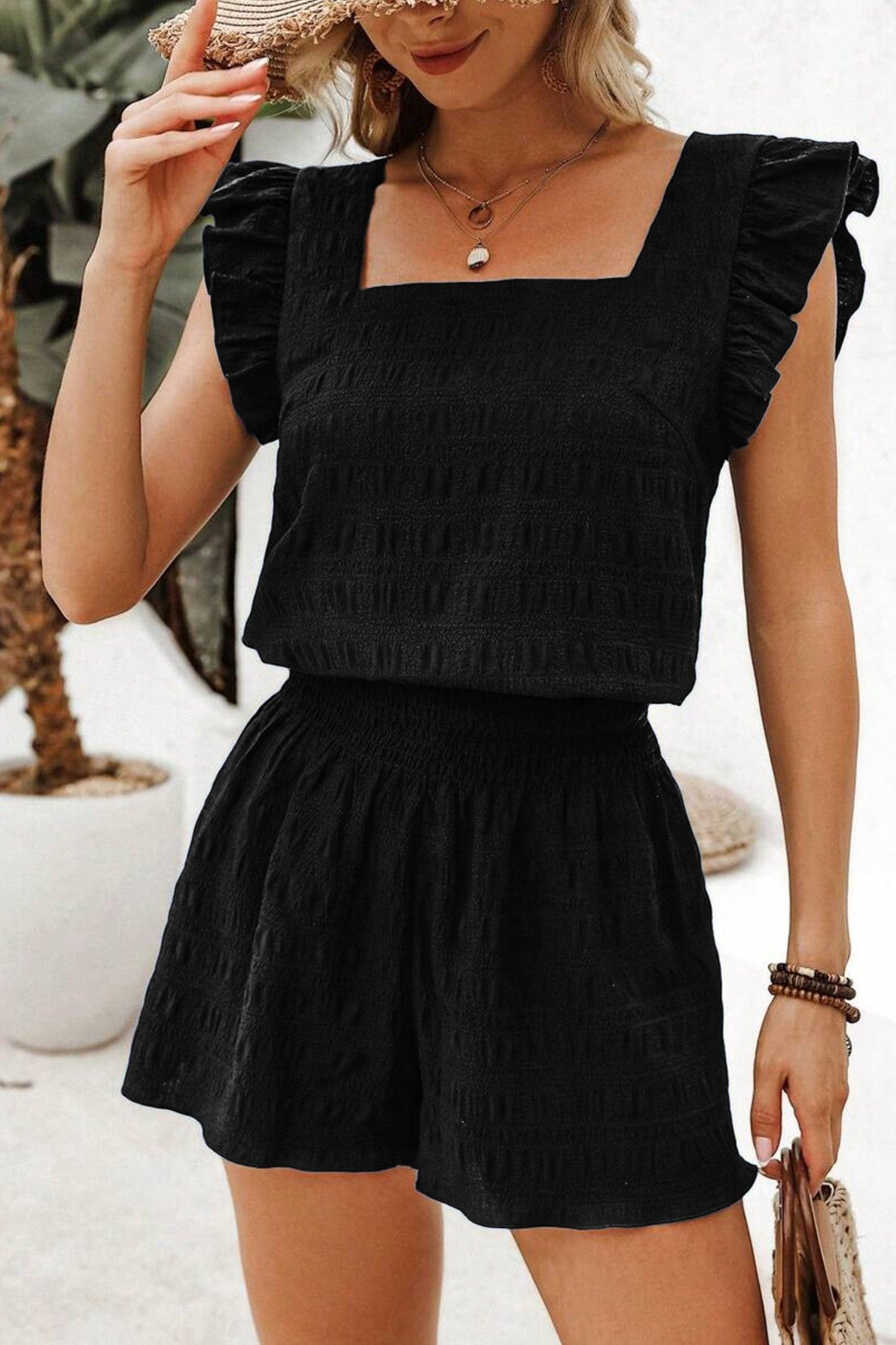 Textured Flutter Sleeve Shorts Set – Square Neck Top & Shirred High Waist Shorts Black 95%Polyester+5%Elastane Dear-Lover Dropshipping Two Piece Sets/Short Sets