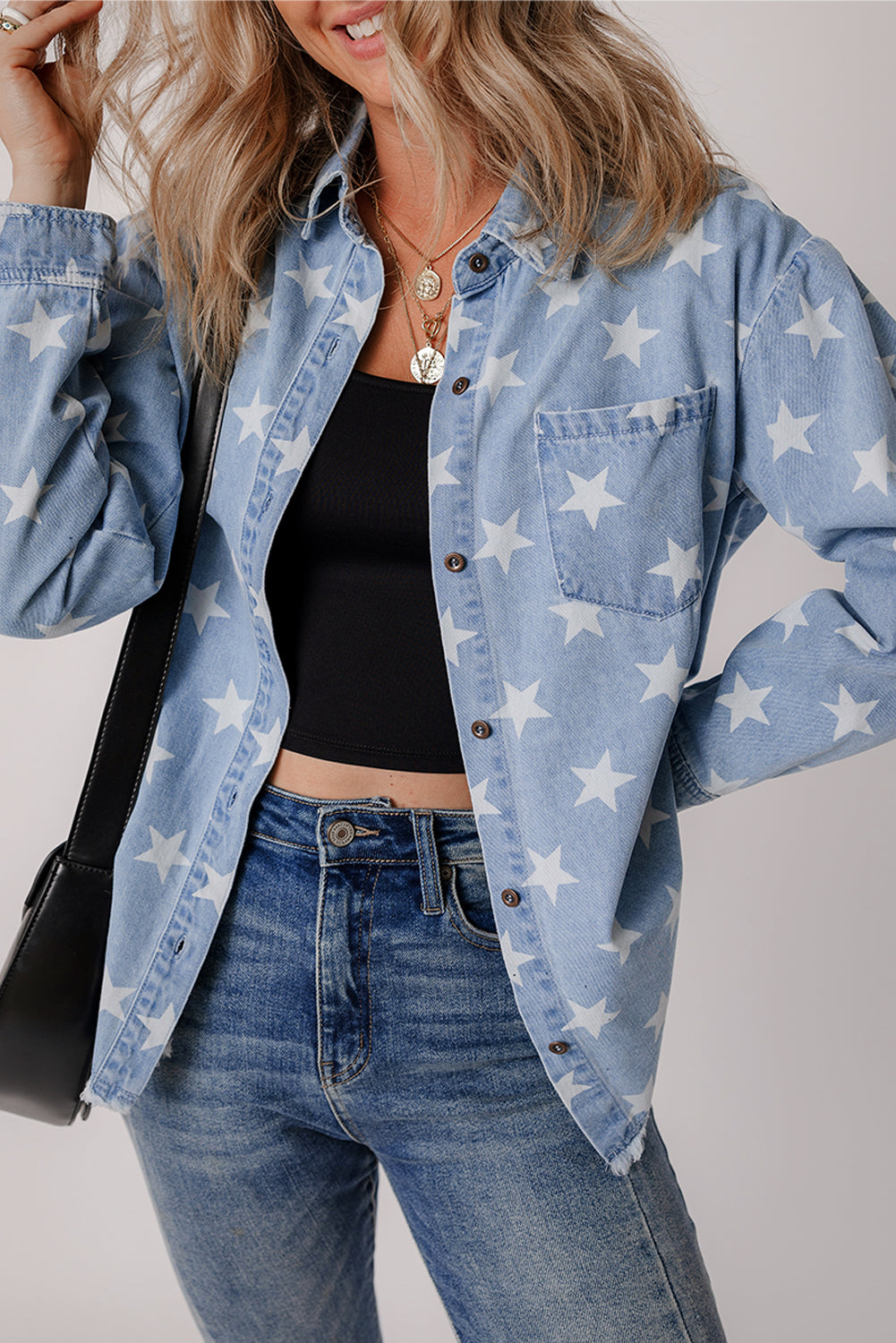 Blue Star Light Wash Raw Hem Denim Jacket