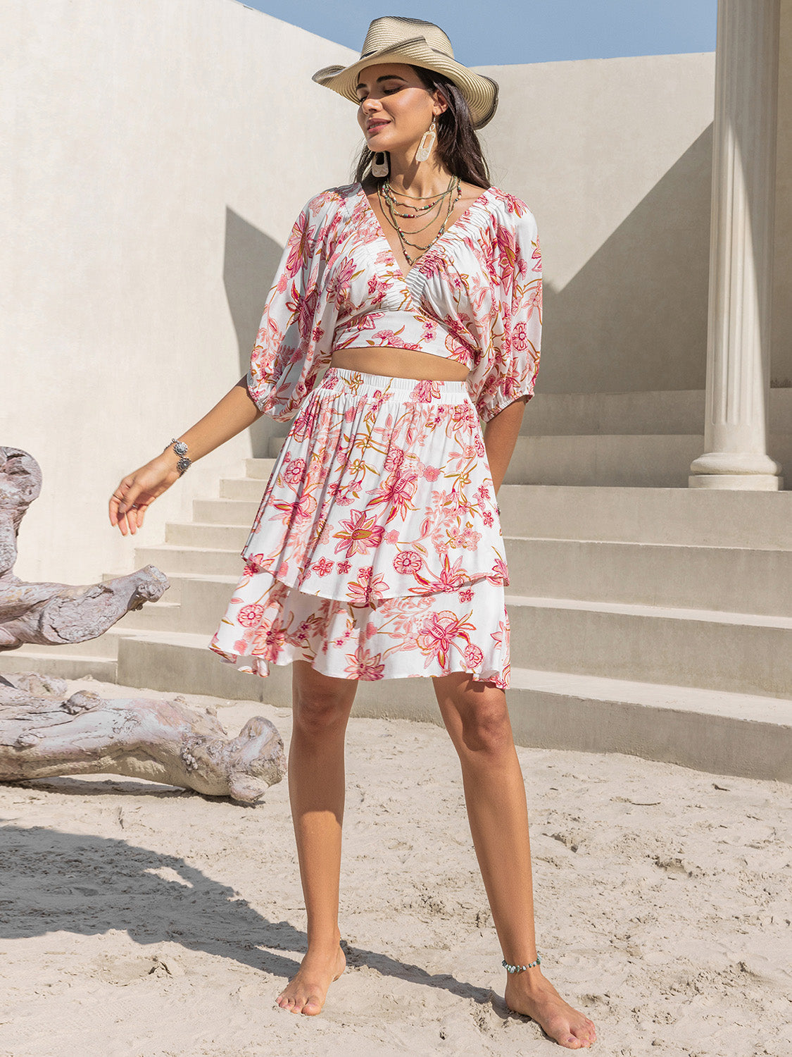 White & Red Floral Layered Skirt Set