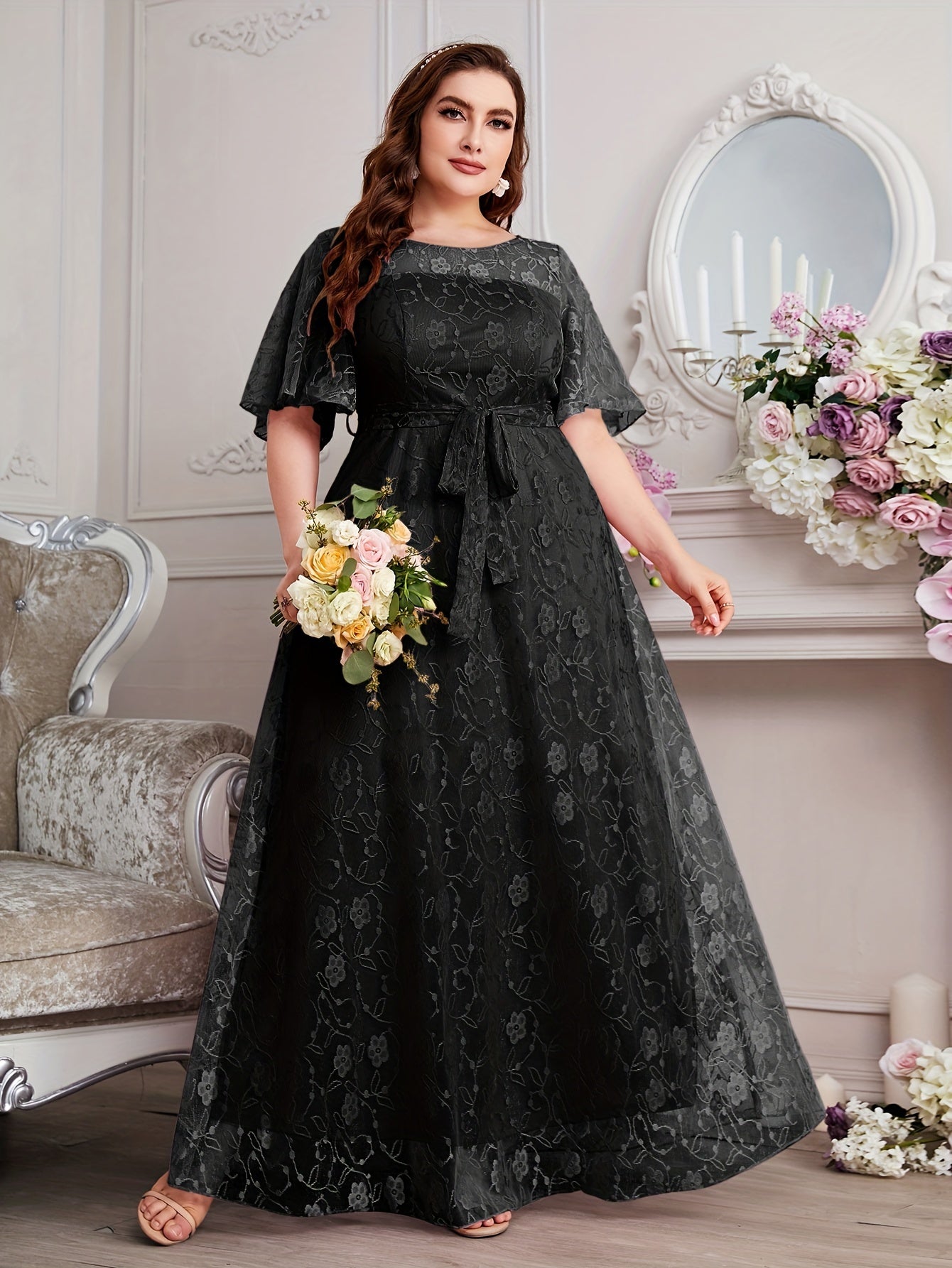 Elegant High Waist Lace Round Neck Half Flutter Sleeve Solid Color Formal Floor Length Dress