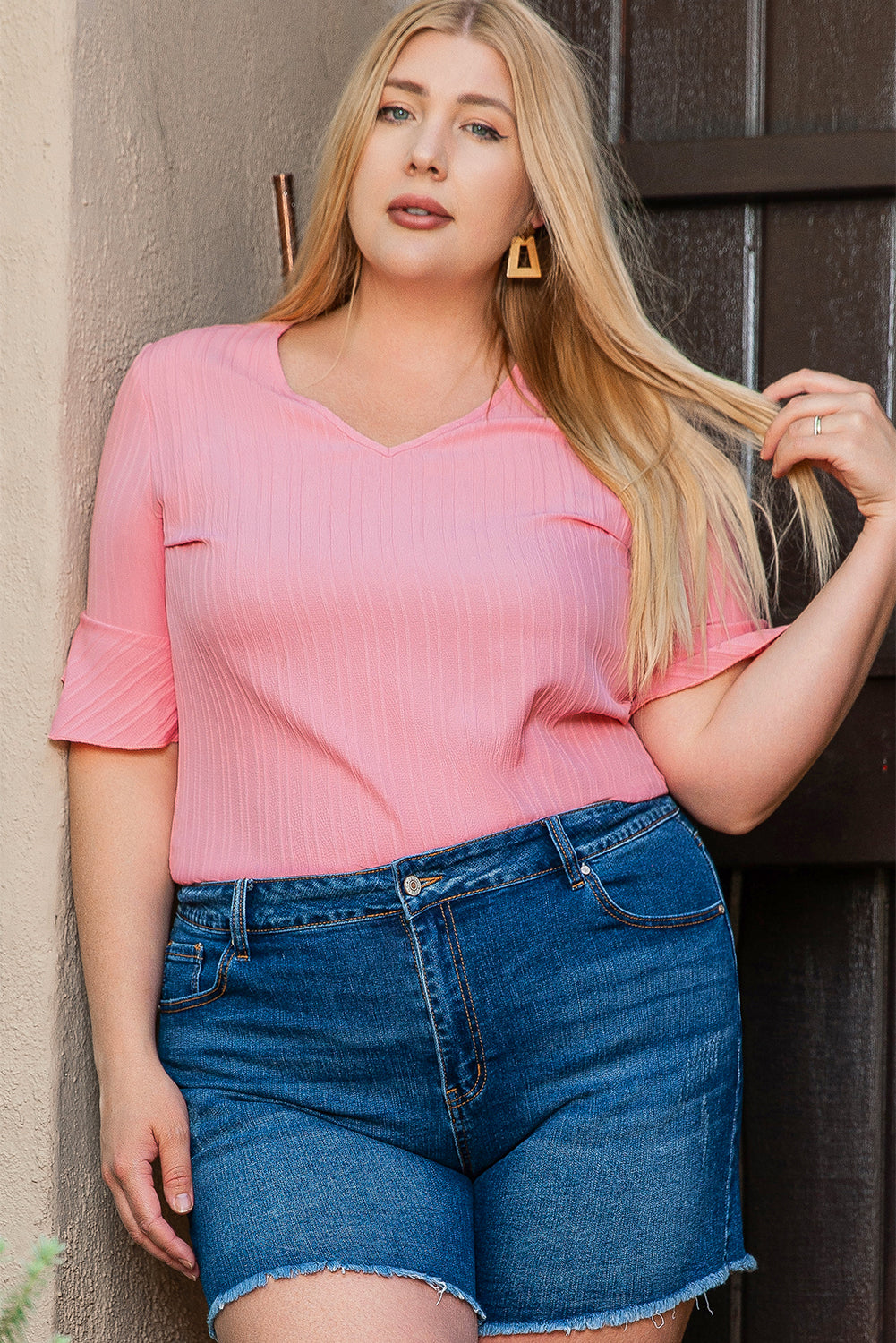 Peach Ruffled Half Sleeve V Neck Textured Plus Top