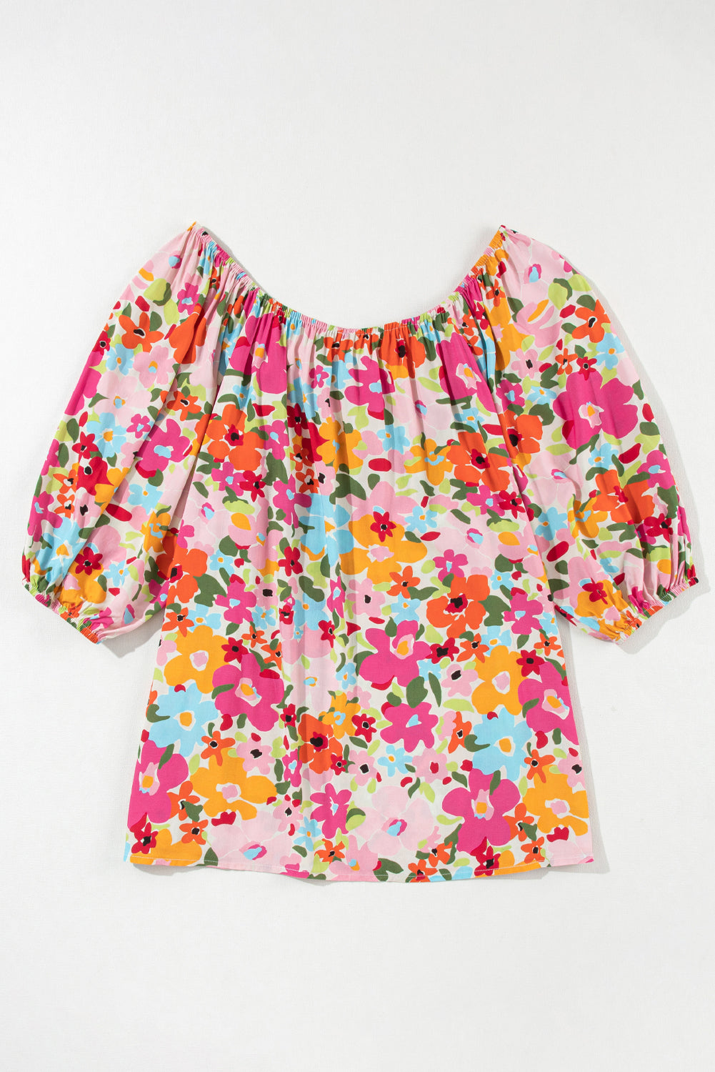 Bright Floral Puff Half Sleeve Pleated Elastic Neck Blouse