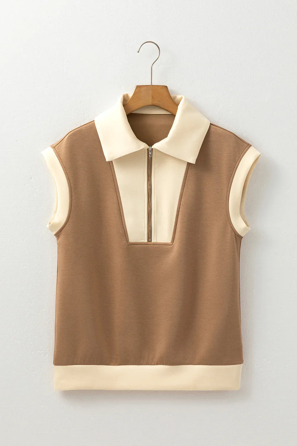 Simply Taupe Half Zipper Collared Colorblock Short Sleeve Top Bazaare Mart Tops/Tops & Tees