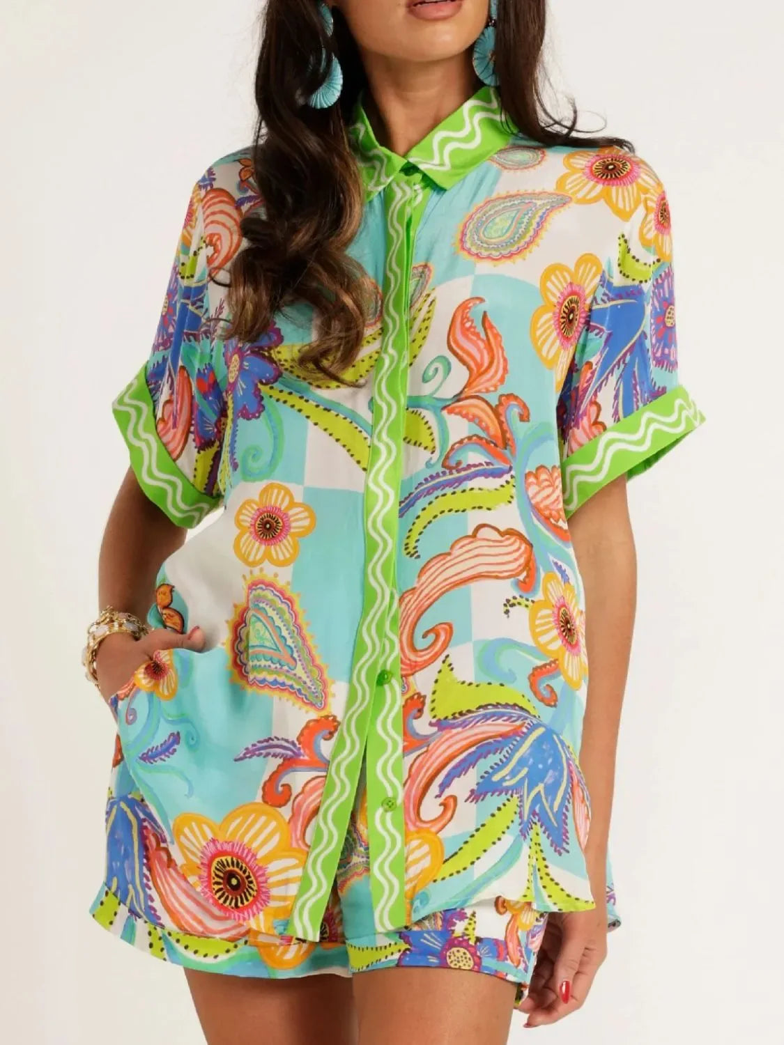 Abstract Button Up Shorts Set Bazaare Mart Button Up Half Sleeve Top and Shorts Set