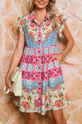 Rose Floral Ethnic Print Ruffle Mini Dress Rose 100%Polyester Shewin Short Dresses