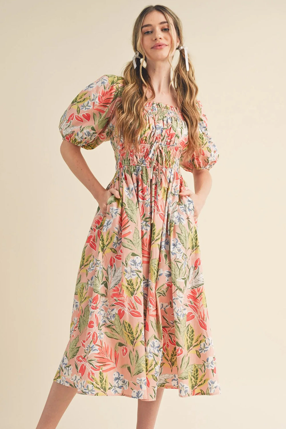 Apricot Floral Smocked Bust Bubble Half Sleeve Midi Dress