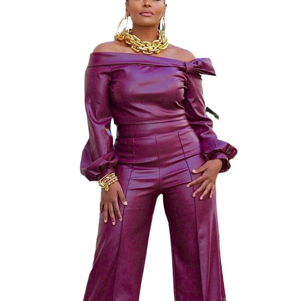 Purple PU Leather 2pc Suit Bazaare Mart Leather Pants Outfit