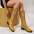 PU Zip and Lace Up Low Block Heel Paisley Boots Yellow Bazaare Mart PU Paisley Boots