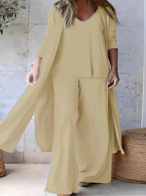 Billowy Plus Size 3pcs Pants Set Bazaare Mart 3pcs Solid Color Duster with Wide Leg Pants