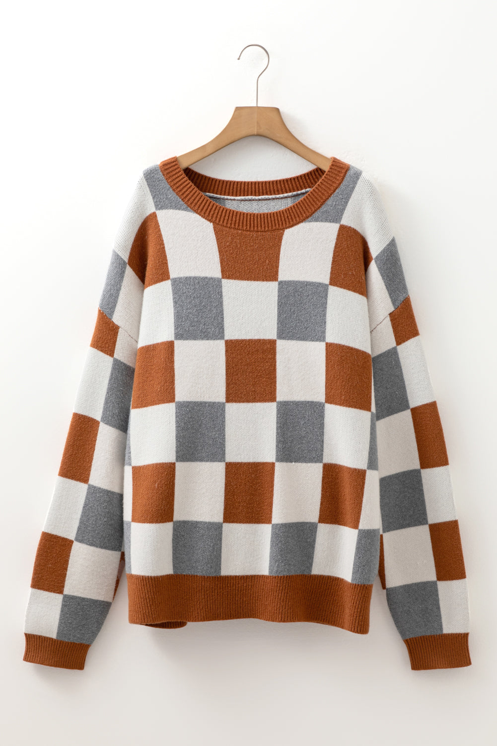 Brown Plus Size Checkered Crewneck Sweater Bazaare Mart Plus Size/Plus Size Sweaters & Cardigans