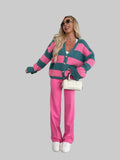 Color Block Striped V-Neck Button Front Cardigan Pink Blue Trendsi Color Block Striped V-Neck Button Front Cardigan