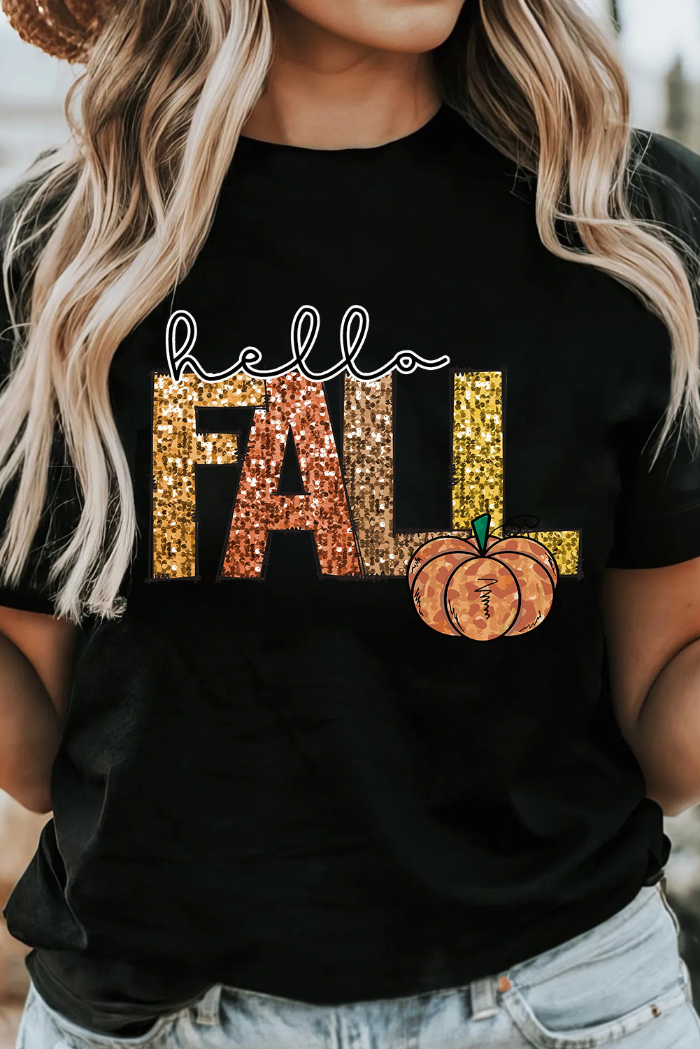 Black Hello Fall Pumpkin Graphic T Shirt