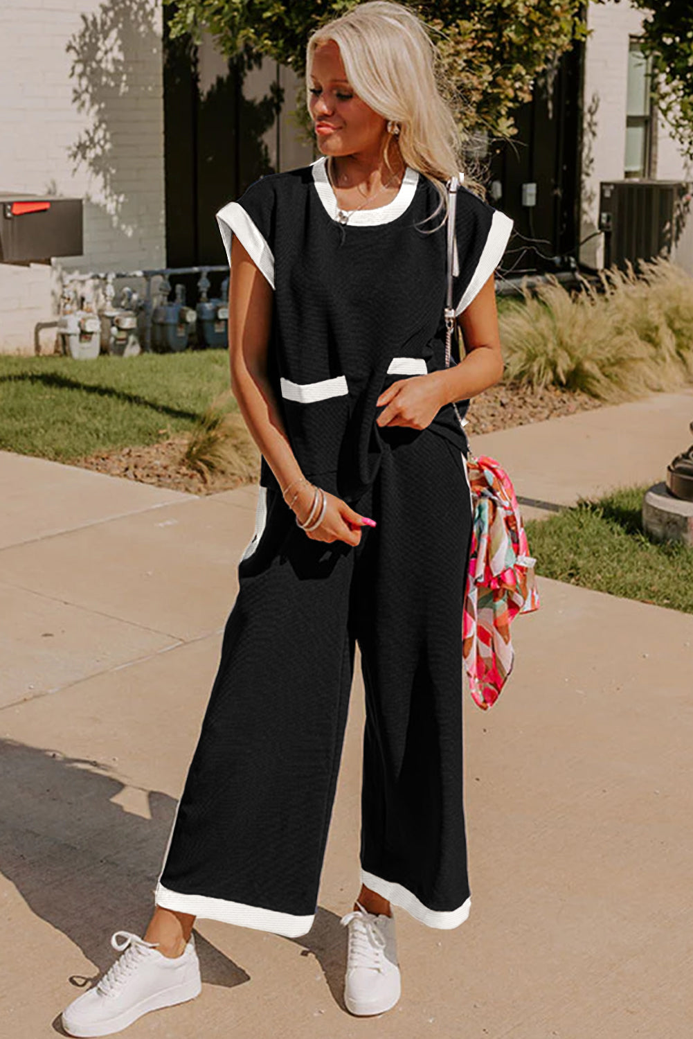 B&W T-Shirt and Wide Leg Pants Set