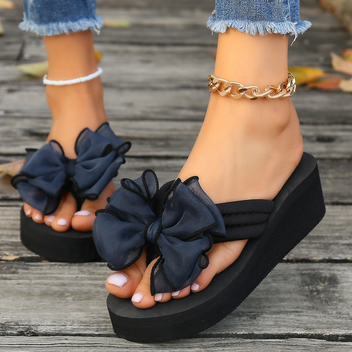 Women’s Thick Sole Herringbone Sandals – Casual Summer Platform Flip Flops Dark Blue CJ Dropshipping Big Bow Platform Slides