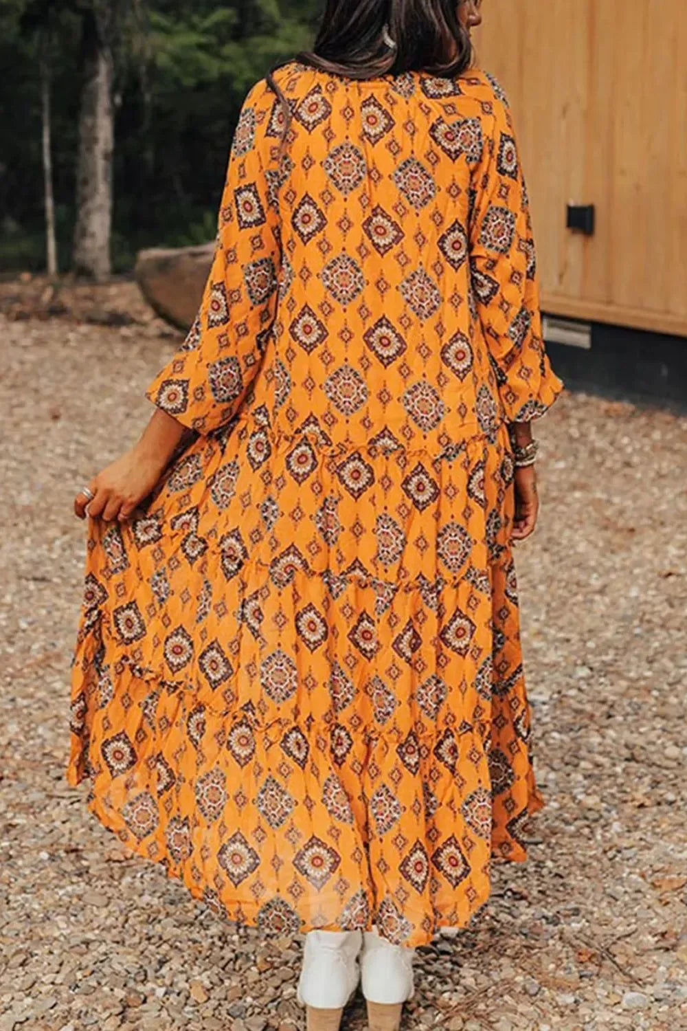 Orange Retro Print Tiered Midi Dress Bazaare Mart Tiered Print 3/4 Sleeve Midi dress