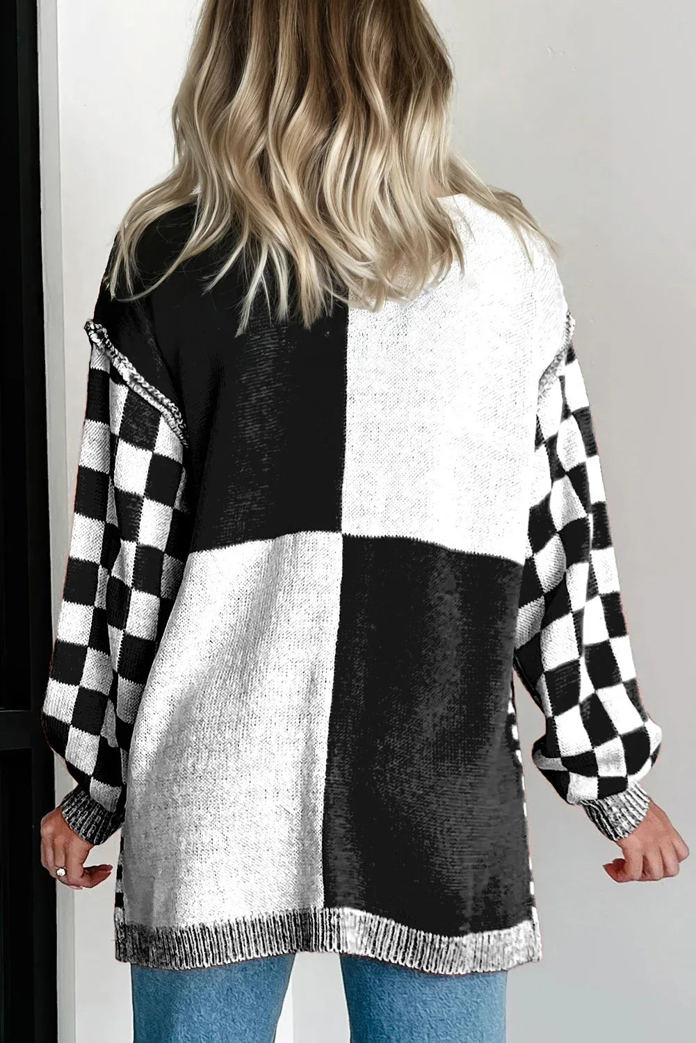 Checkered Bubble Sleeve Drop Shoulder Open Cardigan bazaare mart Plus Size/Plus Size Sweaters & Cardigans