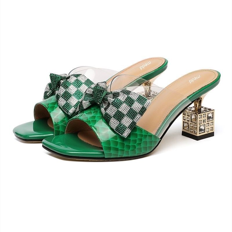 Women’s Checkered Bow Mule Heels – Square Heel Statement Sandals Green CJ Dropshipping Plaid Mules