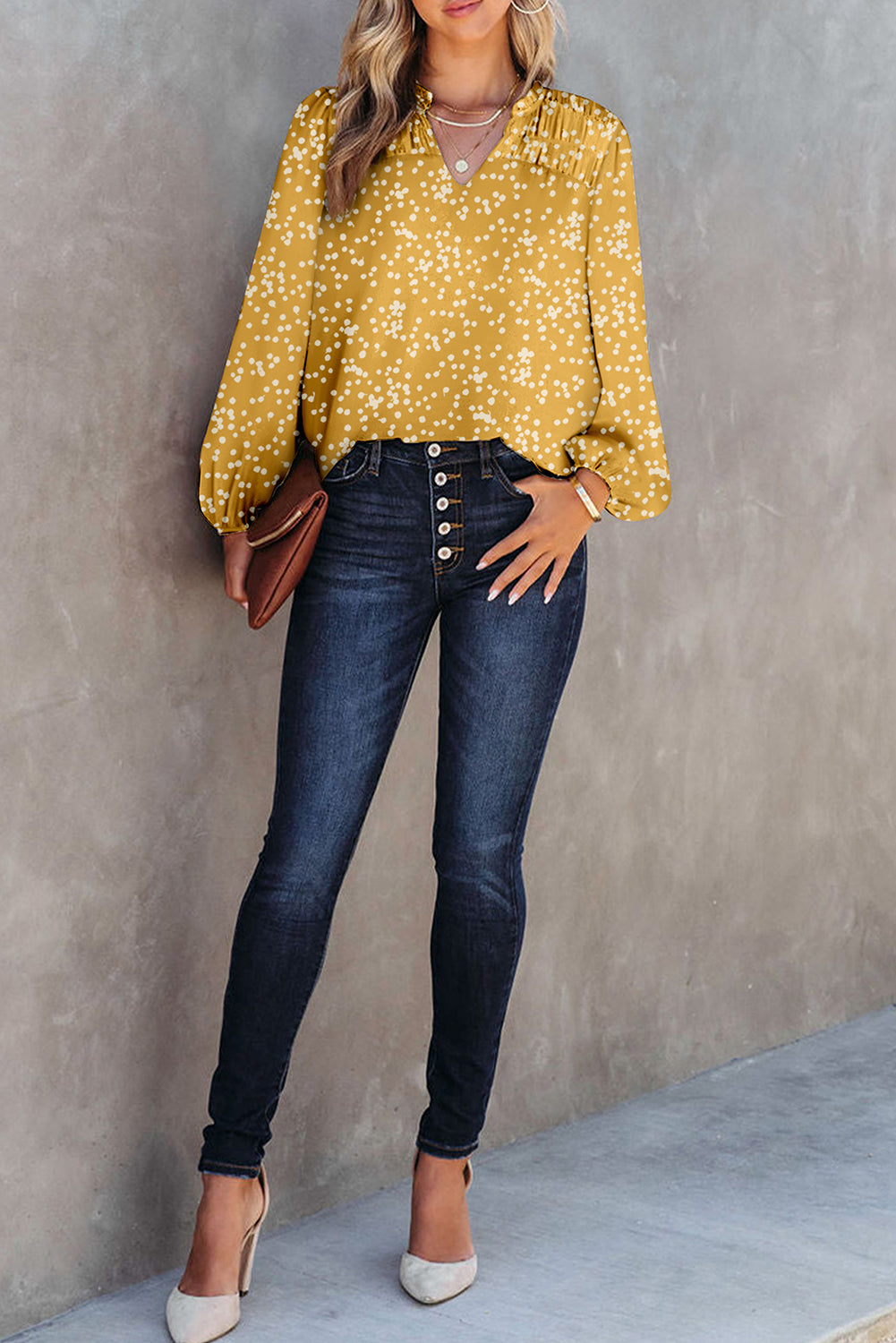 Yellow Plus Size Floral Print Ruched Split Neck Blouse