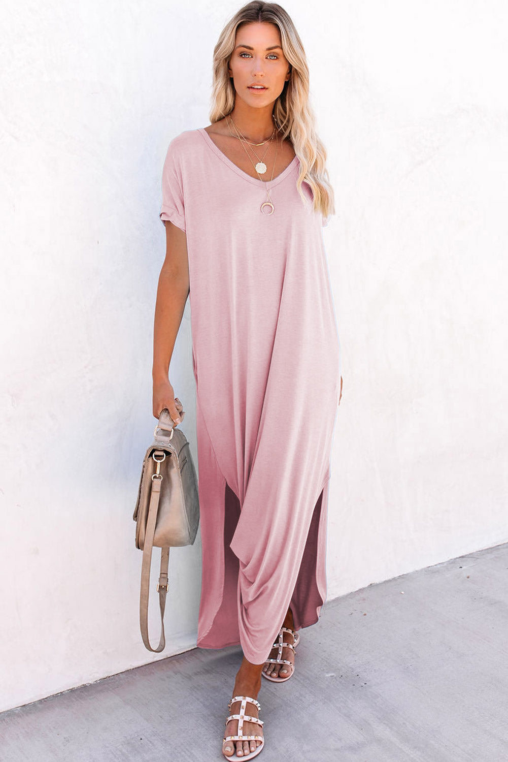 Pink V Neck Hidden Pockets Maxi T-shirt Dress