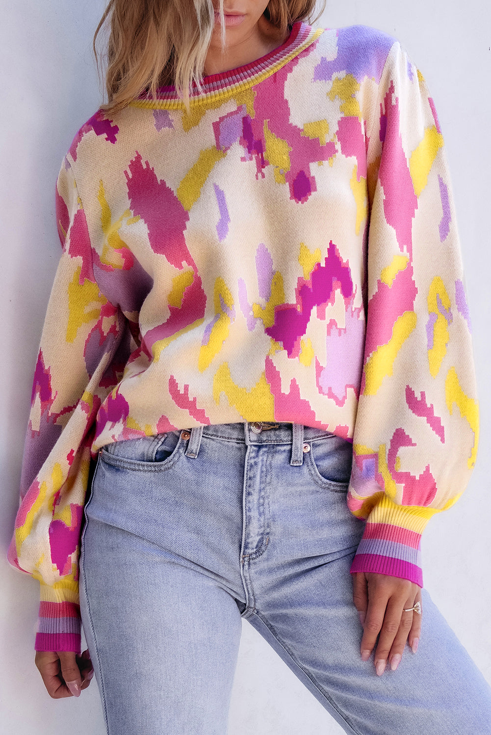 Colorful Abstract Balloon Sleeve Sweater