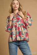 Umgee Mix Floral Peplum Blouse LAGOON MIX Bazaare Mart Umgee Mix Floral Peplum Blouse