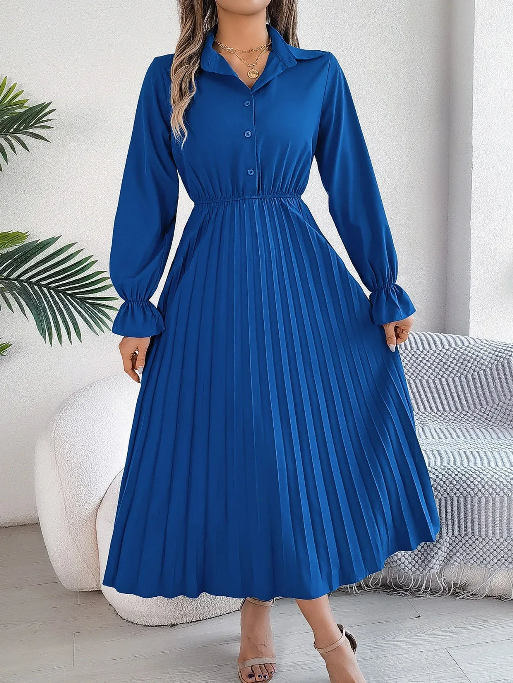 Pleated Half Button Long Sleeve Midi Dress Bazaare Mart Pleated Half Button Long Sleeve Midi Dress