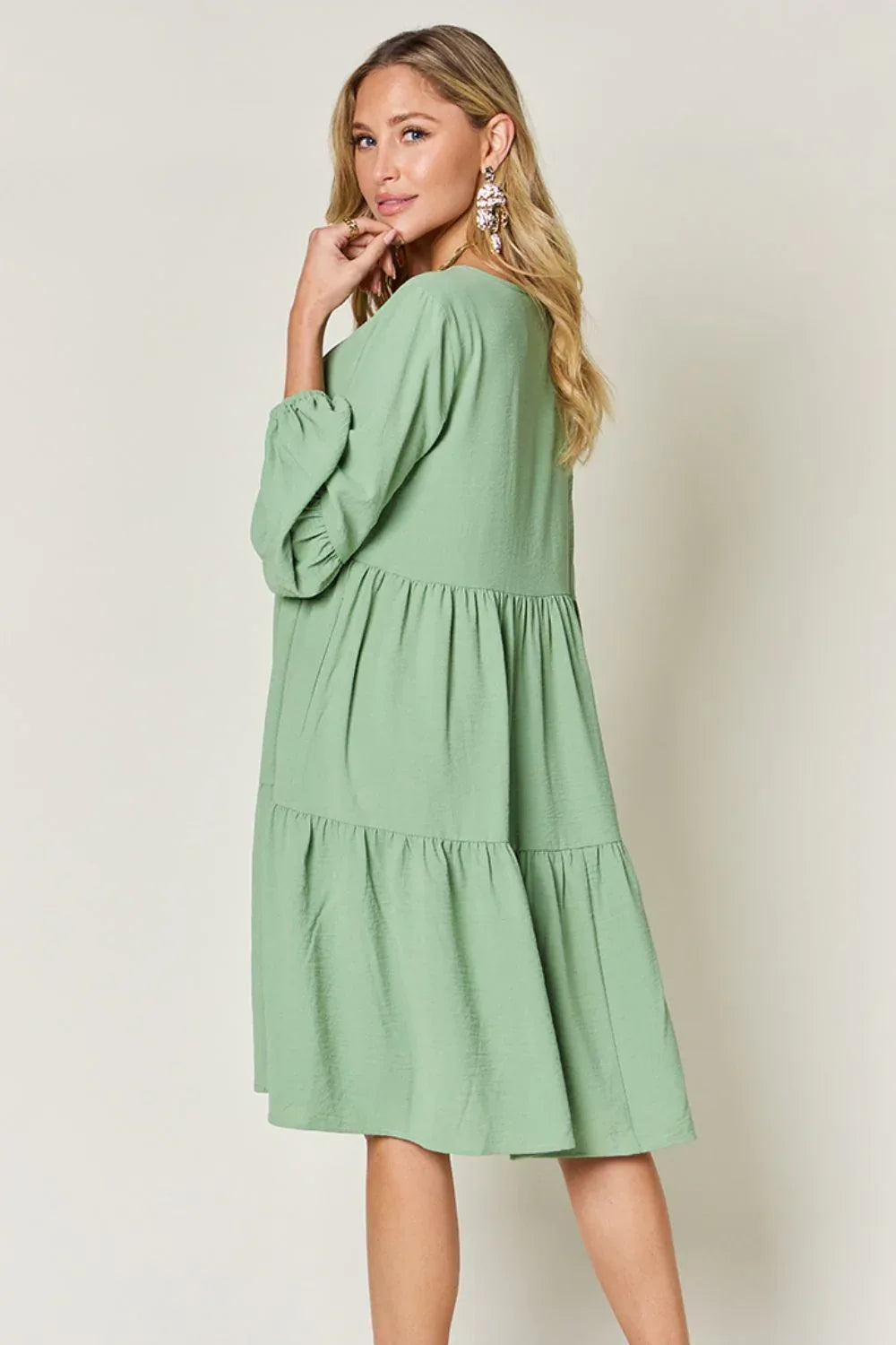 Solid V-Neck Long Balloon Sleeve Tiered Dress Bazaare Mart Long Sleeve Layered Dress