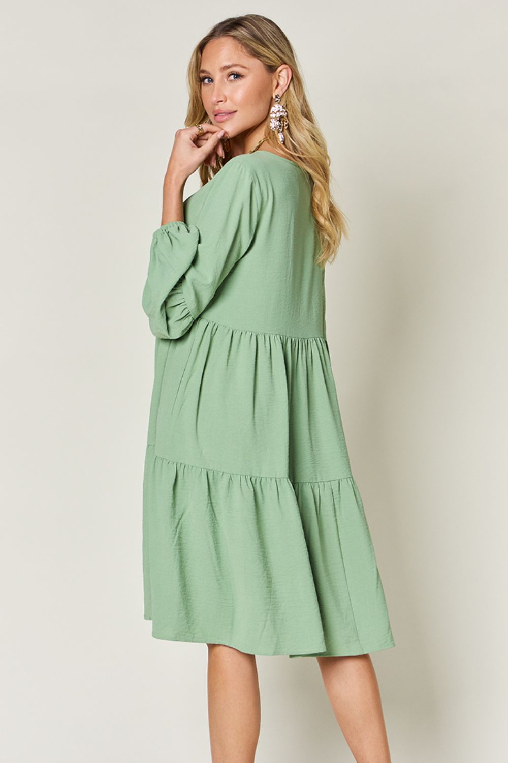 Trendy V-Neck Long Balloon Sleeve Tiered Dress