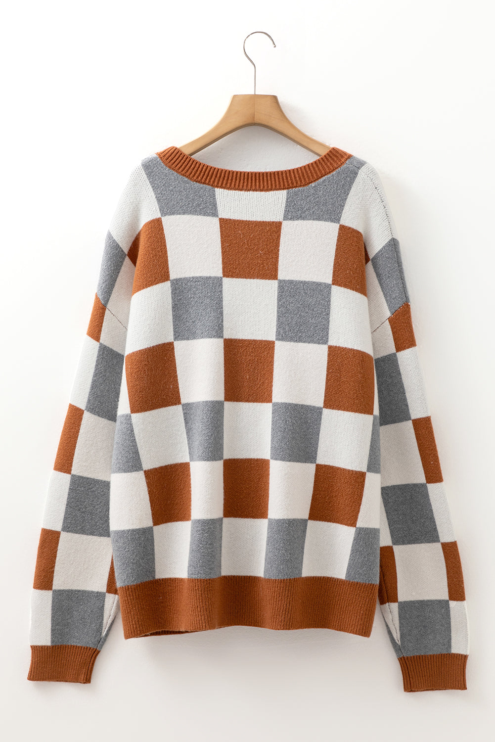 Brown Plus Size Checkered Crewneck Sweater Bazaare Mart Plus Size/Plus Size Sweaters & Cardigans