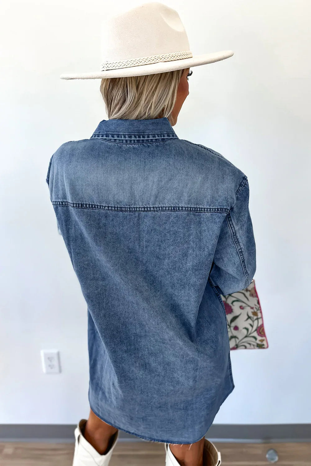 Blue Beau Chest Pocket Raw Hem Denim Loose Shirt Dress Bazaare Mart Denim Dress