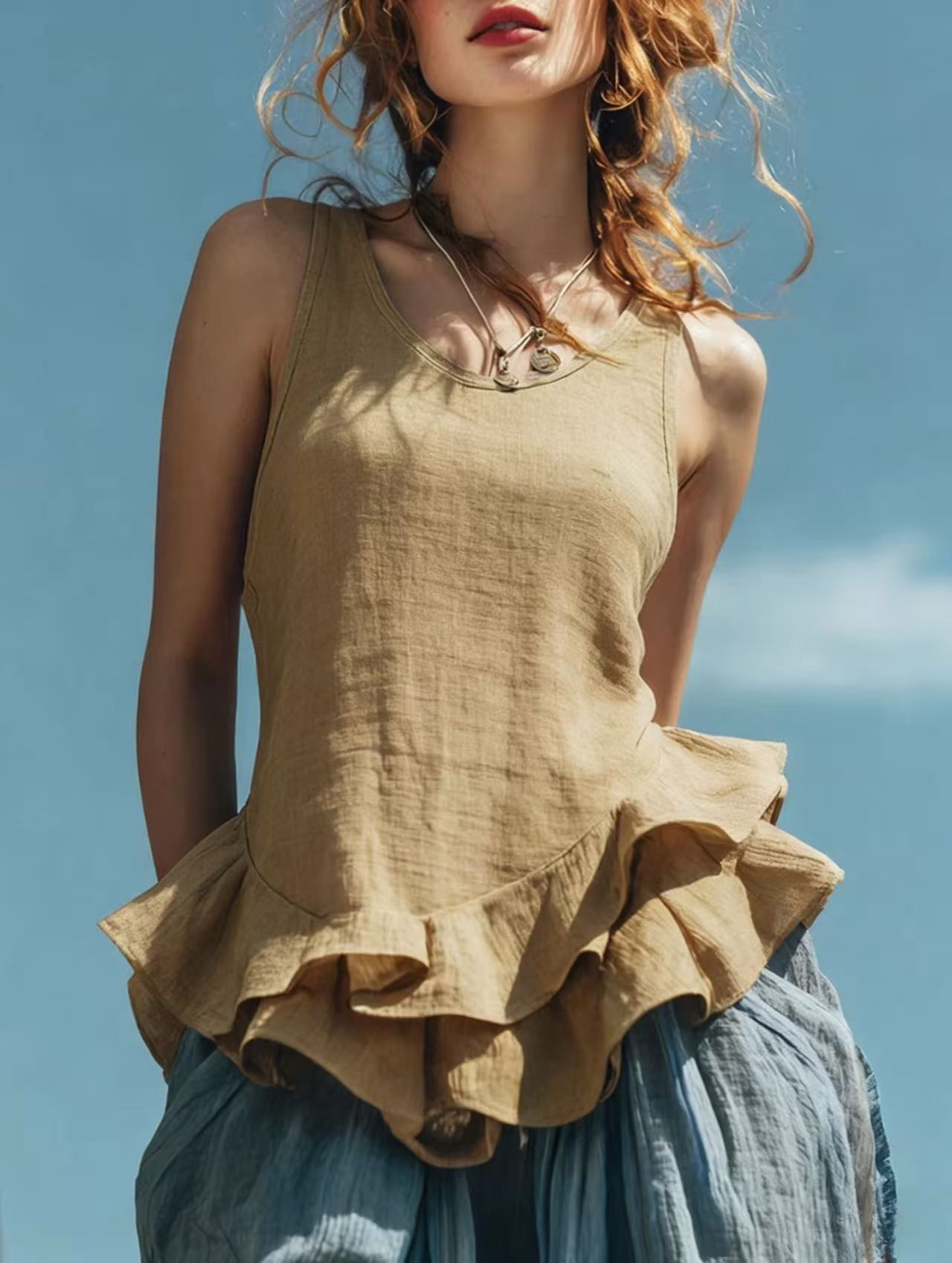 Women’s Sleeveless Ruffle Hem Top – Casual Fashion Tank Blouse Khaki CJ Dropshipping Sleeveless Ruffled Top