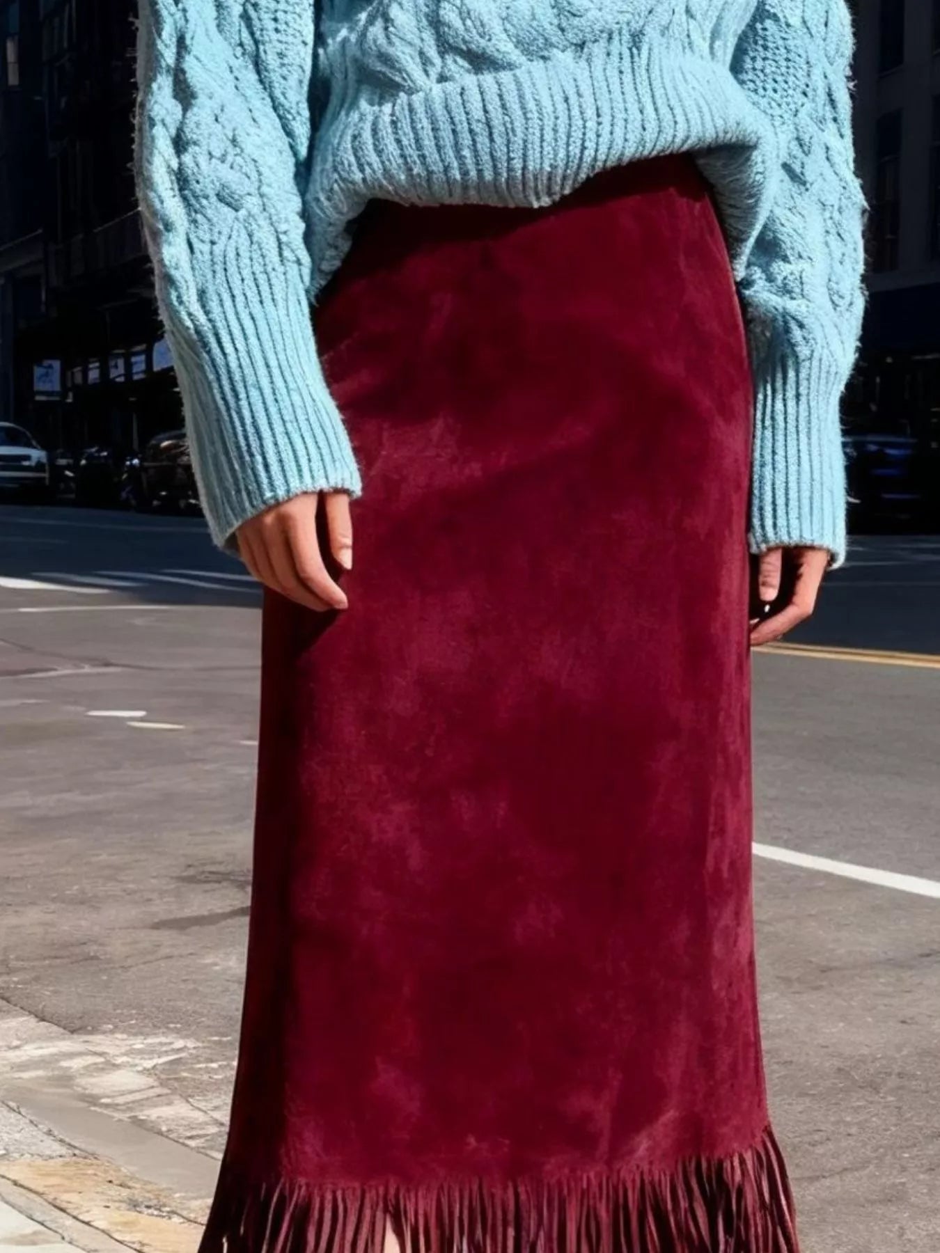 Suede Fringe Midi Skirt Trendsi Suede Fringe Midi Skirt