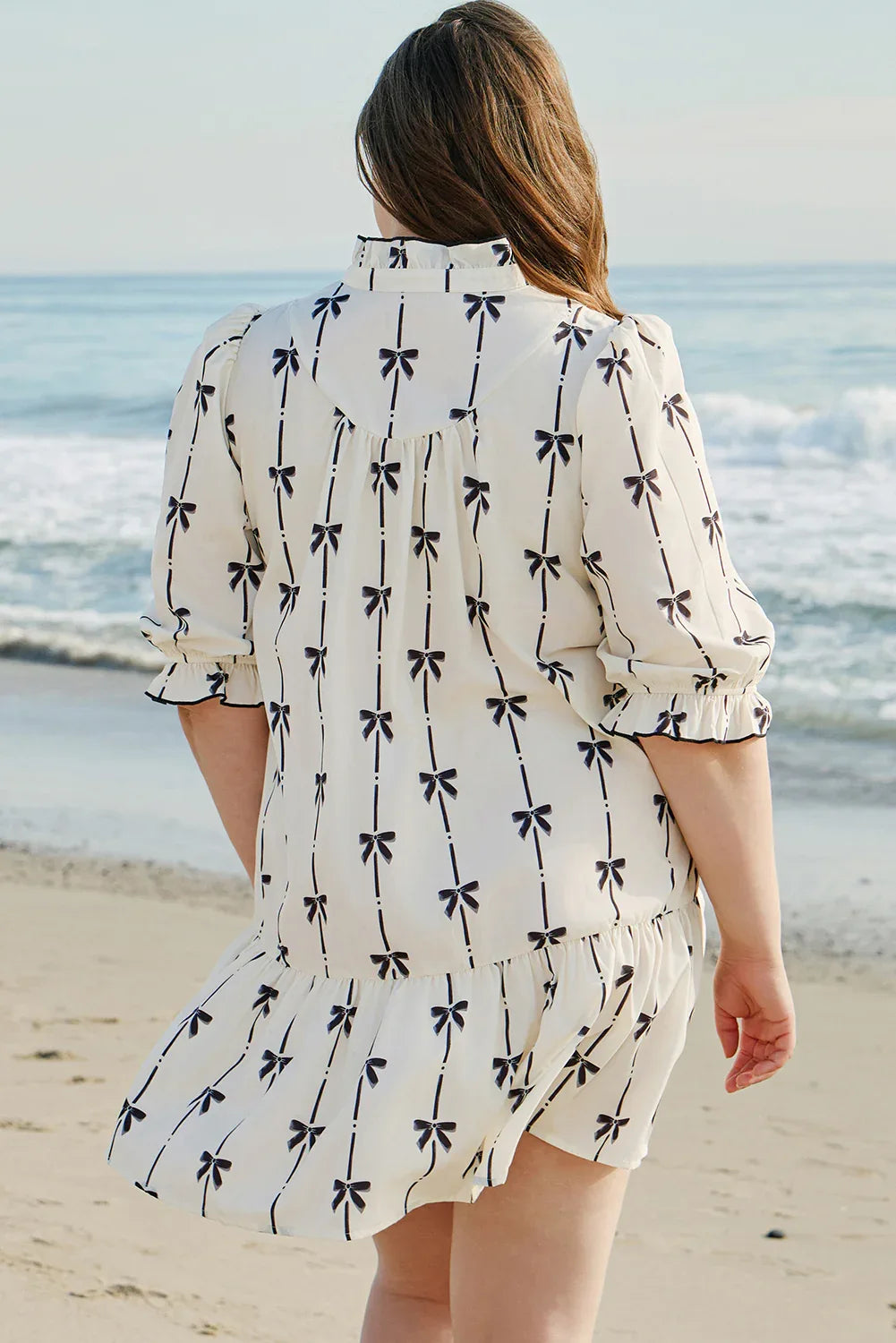 Apricot Bow Printed Puff Sleeve Ruffled Plus Size Mini Dress Dear-Lover Dropshipping Plus Size/Plus Size Dresses/Plus Size Mini Dresses